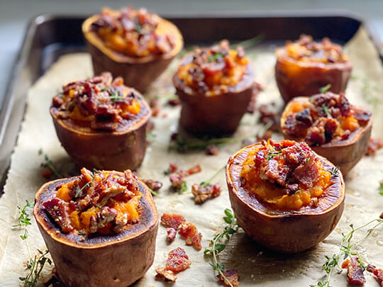 Twice-Baked Sweet Potatoes with a Candied Bacon-Pecan Crumb